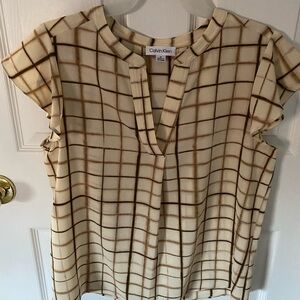 Calvin Klein Cream and Brown Boxy Blouse with Mandarin Collar